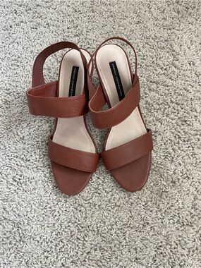 French Connection Tan-Brown Leather Strap Sandals